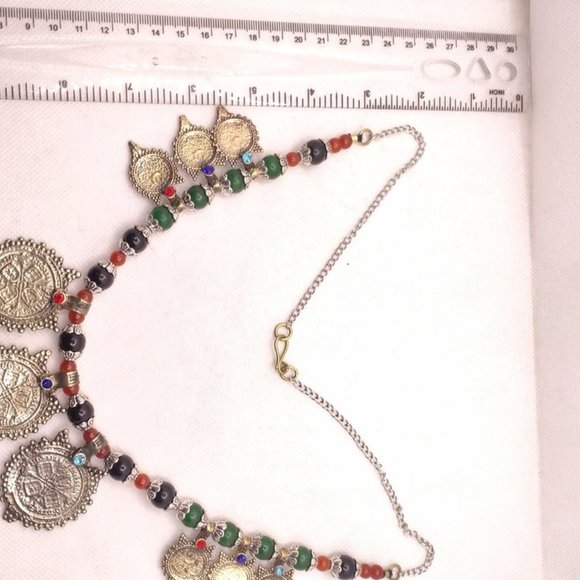 Vintage Coins With Beaded Chain Choker Necklace, Tribal Coins Choker Necklace, - Picture 2 of 6